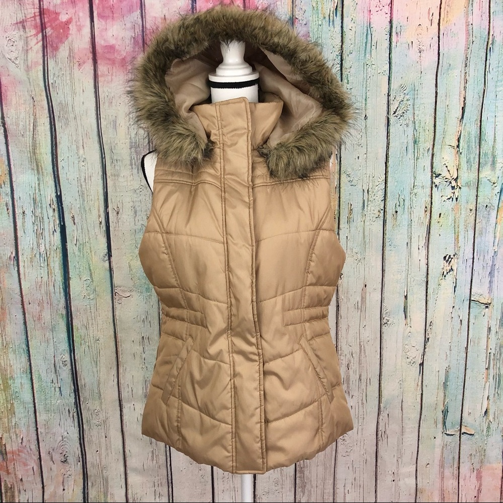 New York & Company Camel Quilted Puffer Vest with Faux Fur Hood